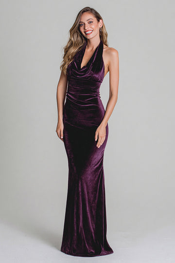 Robe longue formelle en velours gris-nu
